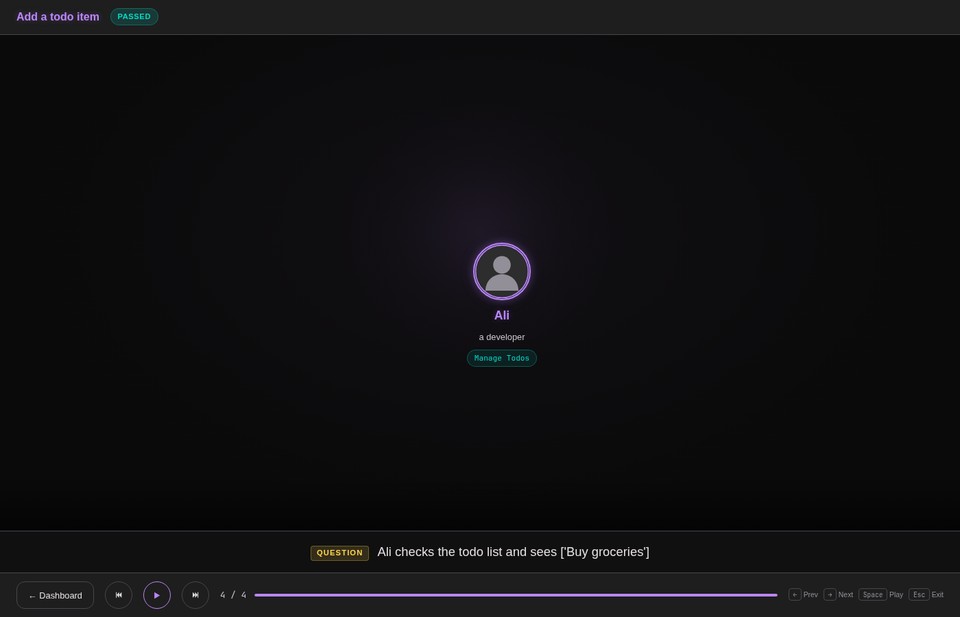 Screenwright scenario view showing Actor Ali performing actions with cinematic narration
